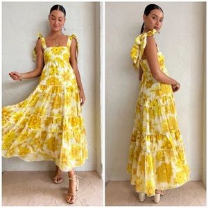 Alemais Sonny Tiered Floral Midi Dress Yellow